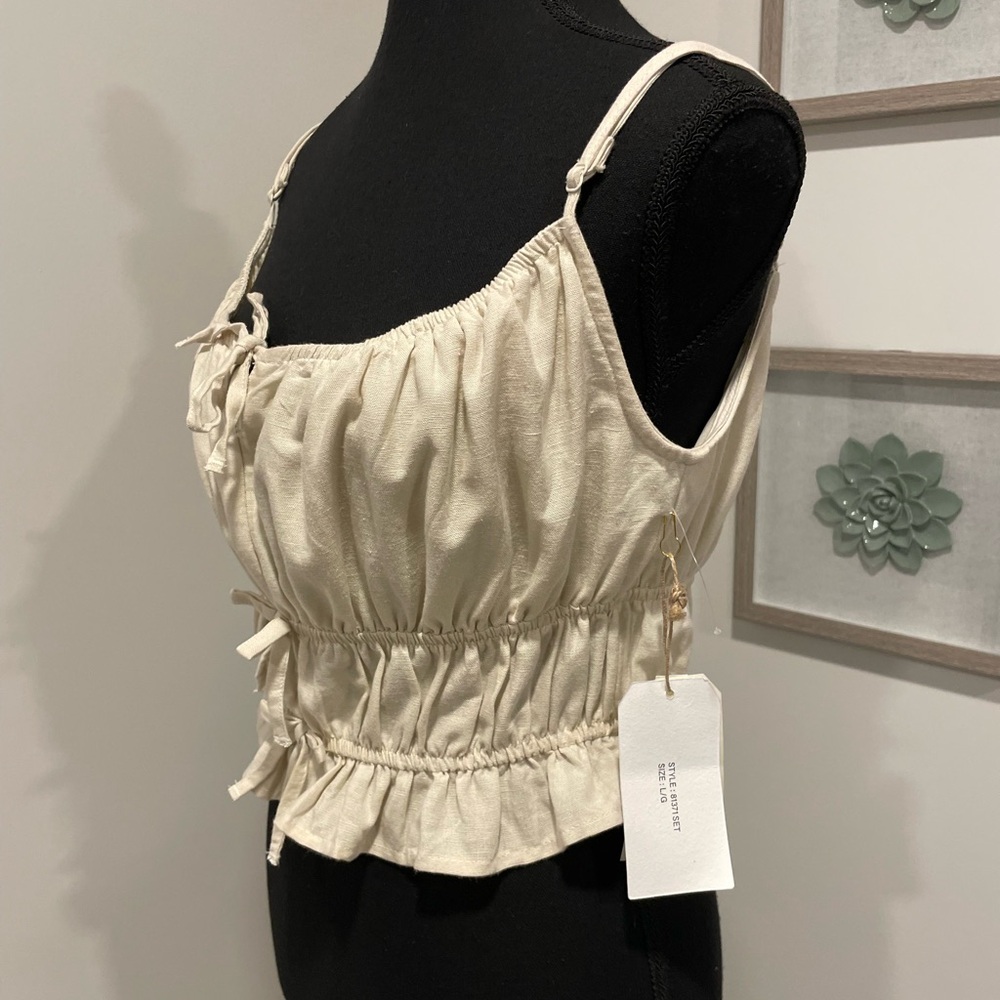 Midnight Sky Cream Linen Blend Ruched Tiered Cami Top With Ties NWT! - Picture 2 of 9